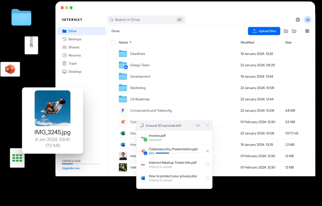 Internxt Drive panel interface